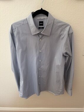 BOSS Men’s Light Blue Micro-Print Dress Shirt